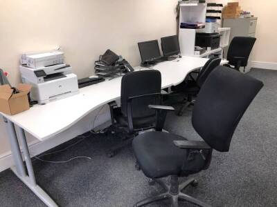 Office furniture, to includeEight ergonomic shaped white workstations pre-builtSeven ergonomic shaped white workstations in flatpackTwo rectangular beech workstationsEleven various swivel office chairsTwo white finish 16 hole shelf unitsOne steel two draw - 3