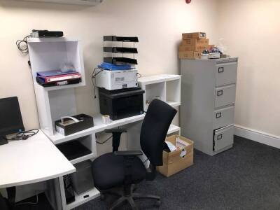 Office furniture, to includeEight ergonomic shaped white workstations pre-builtSeven ergonomic shaped white workstations in flatpackTwo rectangular beech workstationsEleven various swivel office chairsTwo white finish 16 hole shelf unitsOne steel two draw - 4