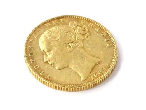 A young Victoria head full gold sovereign, dated 1869.