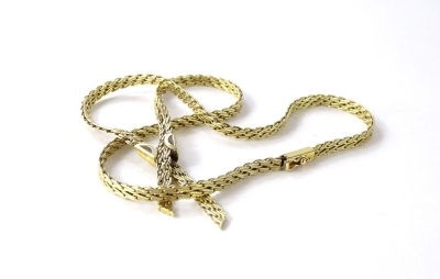 A fancy link necklet, with design of two souldered matt textured serpentine style link chains, crossing over with applied collar, fastens with box snap and figure eight safety catch, yellow metal, stamped 585, 27.41g all in.