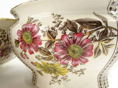 A Victorian Keeling & Co London pattern wash stand set, comprising jug, bowl, two chamber pots, soap dish and beaker, each printed and painted with flowers within brown borders, printed marks to underside. - 2