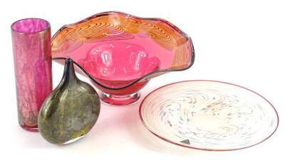 A collection of art glass, to include an Isle of Wight bottle shaped vase, with paper label and gold inclusions, 16cm H, a similar cylindrical example, an Okra Richard Goulding ripple glass bowl, and an Isle of Wight white mottled plate.