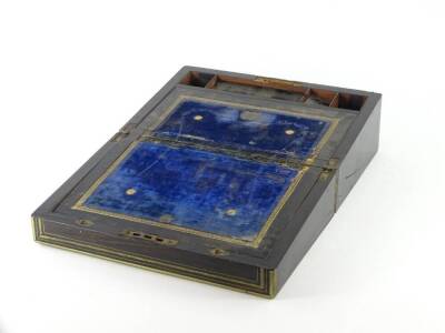 A Victorian coromandel and brass inlaid writing box, the hinged lid inset with a brass cartouche engraved with a monogram, enclosing a fitted interior with velvet lined slope, and various locks, 35cm W. - 2