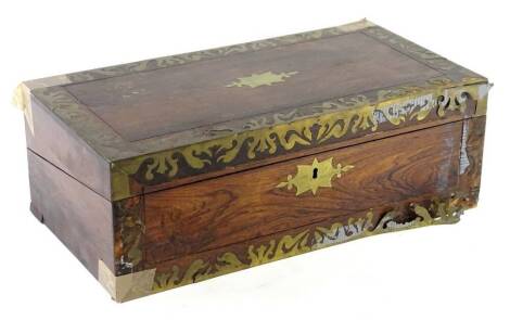 A 19thC rosewood and brass inlaid writing box, the hinged lid enclosing a part fitted interior, (AF), 50cm W.