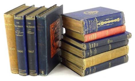 A collection of books relating to naval history, to include Brasses Naval Annual for 1899, 1901, 1904, 1906, 1907-1908, 1909 and 1915, Seamanship by Nares, (Sir George), etc.