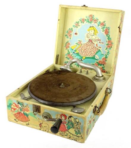 A Decker child's wind up gramophone, with printed decoration, etc. (AF)