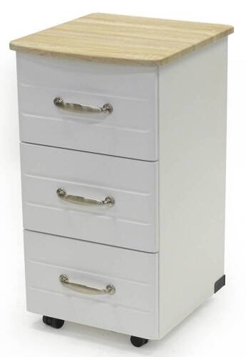 An ex shop display custom three drawer bedside chest, with limed oak top and pale grey coloured painted base, on castors, 67cm H, 40cm W, 43cm D, retail price was £219.99 reduced to £159.99.