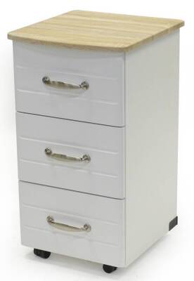 An ex shop display custom three drawer bedside chest, with limed oak top and pale grey coloured painted base, on castors, 67cm H, 40cm W, 43cm D, retail price was £219.99 reduced to £159.99.