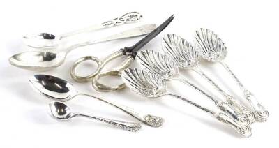 A collection of silver spoons, various dates and types, 3¼oz, and a pair of silver mounted scissors.