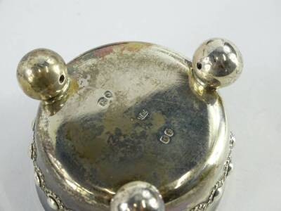 A set of three Victorian silver salts, each applied in a band of beaded pattern, on bun feet, London 1872, 5¾ oz. - 2