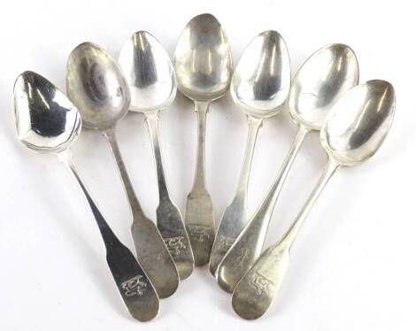 A collection of various fiddle pattern spoons, to include some Irish, etc., 5¾oz, and a silver plated spoon.