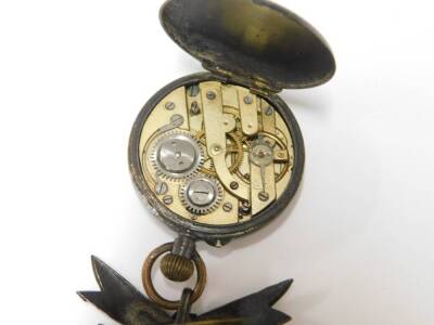 A fob watch, with white enamel dial (AF), in silver plated casing, with bow brooch clasp, bezel wind. - 3