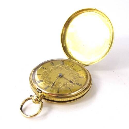 A Hunter pocket watch, with engine turned front and back, a floral scroll dial, with Roman numerals, and blue hands, the glass (AF), key wind in yellow metal case, unmarked, with partial movement, 48.9g all in.