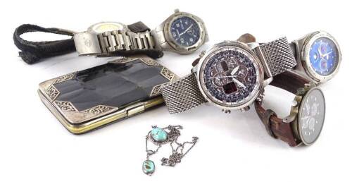 Various modern fashion watches and trinkets, to include Ripcurl, two Timberland, Citizen, a silver and turquoise set necklace and a silver edged wallet. (a quantity)