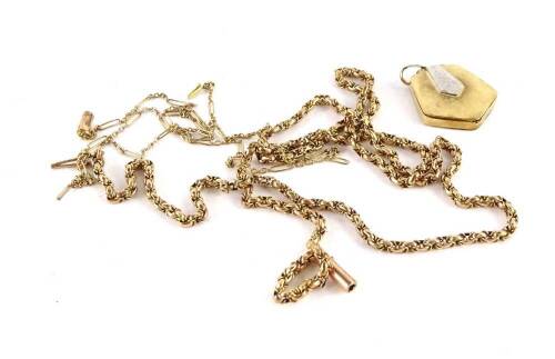 Various 9ct gold jewellery, to include two 9ct gold chains, 9.3g all in, and a 9ct front and back pendant. (3)