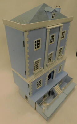 A powder blue painted Georgian style dolls house, with fitted interior, basement, etc., 79cm W. - 2