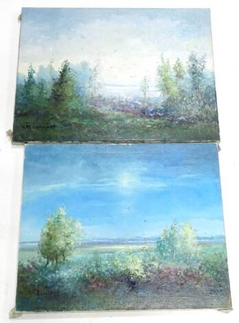 A Rousehop. Landscapes with flowers, etc., oil on canvas, 50cm x 60cm, and 50cm x 66cm respectively. (2)