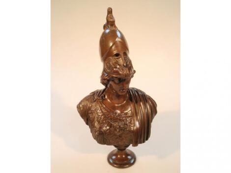 An antique classical bronze bust of a Greek warrior