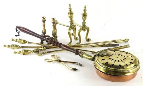 A pair of 19thC French brass empire style candlesticks, (AF), and various other items of metalware.