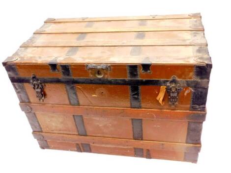 A brown painted canvas and ebonised metal two handled cabin trunk, 87cm W.