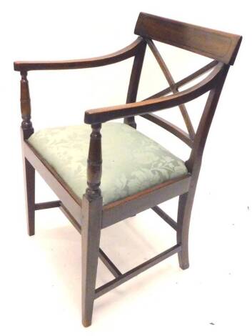 A 19thC mahogany and ebonised inlaid open armchair, with an X shaped back, drop in seat on square tapering legs.