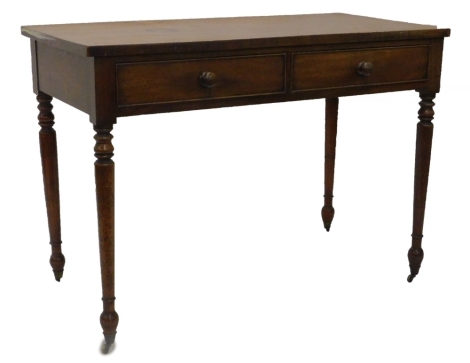 A 19thC mahogany side table, the rectangular top above two frieze drawers, each with turned wood handles on turned tapering legs, with brass castors, 110cm W.