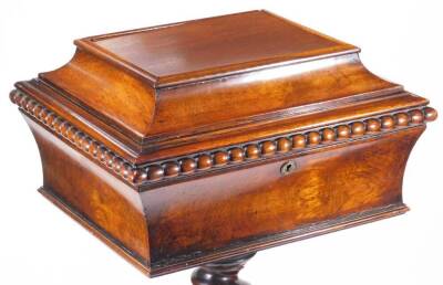 A early Victorian rosewood and mahogany teapoy, the rectangular sarcophagus top with an elongated beaded border, revealing a fitted interior with removable caddy boxes and openings for bowls, on a barleytwist stem terminating in scroll legs on compressed - 2