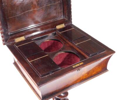 A early Victorian rosewood and mahogany teapoy, the rectangular sarcophagus top with an elongated beaded border, revealing a fitted interior with removable caddy boxes and openings for bowls, on a barleytwist stem terminating in scroll legs on compressed - 4