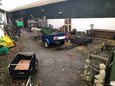 The Sale Yard. Over 50 lots, to include garden tools, statues and ornaments, old stone ornamentation, bygones including meat safes, Victorian dough bin, wheelbarrow, cast iron mangle, galvanised baths, push hoes and seed drills, and much more.