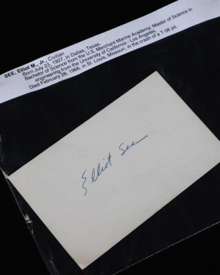 A collection of NASA Space Race & Moon Landing related autographs. Inc. Alan L Bean, Elliott M See, Eugene A Cernan, etc., some autopen cards include mission related stamped examples from the 1960's. (15) Inventory of represented Astronauts; BEAN, Alan L. - 15