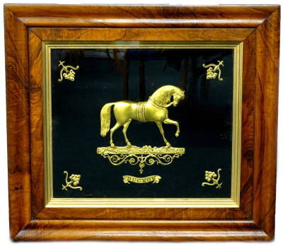 A 19thC gilt metal circus related gilt brass profile of a horse, on a shaped base, titled Ducrow, within a contemporary moulded rosewood frame, 76cm H, 86cm W. Andrew Ducrow (1793-1842) was a British circus performer and often called the Father of British