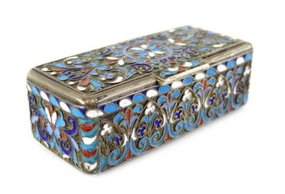 A Russian silver and cloisonne and champleve enamel rectangular box and cover, decorated with scrolls, leaves, flowers, etc., makers stamp to underside and the hinged lid, BEP, indistinct assay mark, stamped 84, 7cm W.