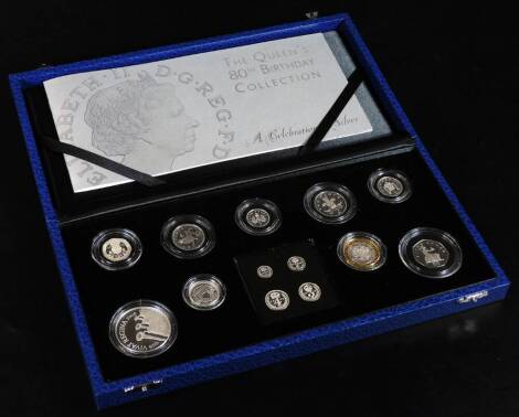 The Queen's 80th Birthday Collection Silver Coin set, to include Maundy coins, proof, with paperwork in outer blue box, 31cm W and packaging.