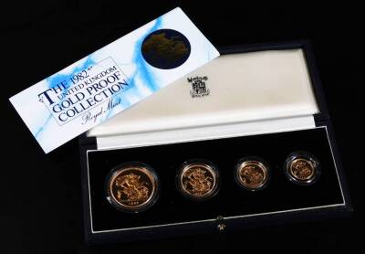 A Queen Elizabeth II gold proof coin collection set, comprising £5, £2, sovereign and half sovereign, 1982, with case, 21cm W, with box and paperwork.