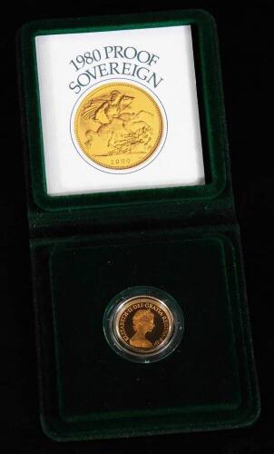 An Elizabeth II gold proof full sovereign, 1980, in case and outer box with paperwork.