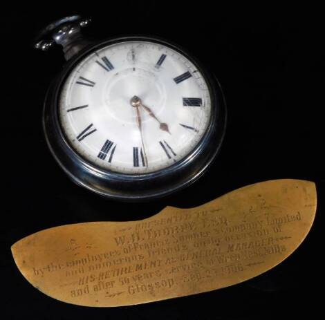 A George IV silver pair cased pocket watch, the plain outer case with a domed glass, 5cm Dia. Roman numeric dial and D end hook top, revealing a four pillar verge movement no.2419, with a slow and fast feature, unsigned, 5oz all in. (in associated box)