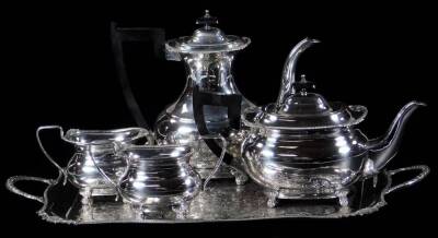 A 20thC silver plated four piece tea and coffee service, comprising coffee pot, 24cm H, teapot, two handled sugar bowl and milk jug, and a similar bright cut tray, with part gadrooned handles. (5)