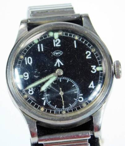 An International Watch Company IWC Mark X British Army waterproof wristwatch, with plain crown, 3cm Dia. dial with Arabic numerals, on a black ground marked IWC, in an oval surround, with crow's foot and subsidiary second hand, with partial green pointers