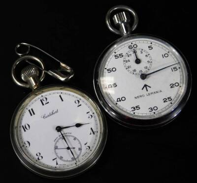 Various silver, silver plated ware, etc. to include napkin rings, 5cm Dia., plated Nero Lemania stop watch, silver plated open face pocket watch, cased ceremonial knife, sugar bows, etc. 8oz of silver all in. (a quantity, various dates) - 2