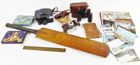 Various bygones, collectables, etc. a vintage cricket bat marked James Lillywhite, 88cm H, binoculars, Pentax camera, another with Prontor-S lens, Quick camera with lens, Royal Commemorative tins, 1950 binding, Troughton & Simms London brass ruler, vario