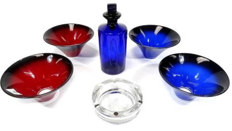 Various glassware, a Statue Of Liberty ashtray made from the national monument, 15cm Dia. with certificate, four Nybro studio style bowls and a Bristol blue style decanter. (a quantity)