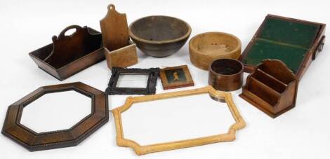 Various treen, a 19thC mahogany writing slope, 16cm H, 30cm W, 21cm D, oak octagonal mirror, cutlery box, treen bowl, desk tidy, mirror, etc. (a quantity)