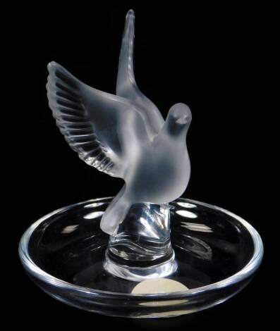 A Lalique frosted and clear glass pin dish, with bird centre, on circular foot, etched mark beneath, 11cm H.