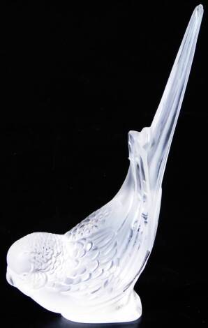 A Lalique clear and frosted glass figure of a budgerigar, labelled, 17cm H.