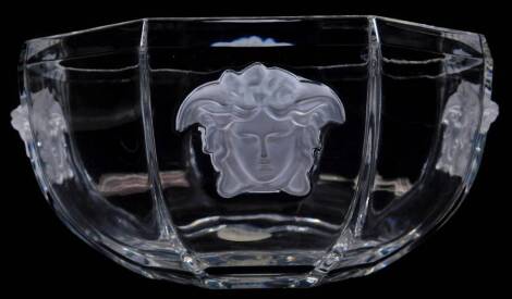 A Rosenthal Versace Medusa Lumiere clear and frosted glass bowl, of octagonal form, raised with various mask heads, marked beneath, 18cm W.