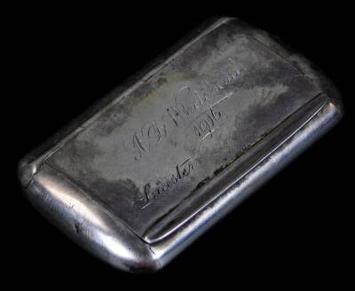 Withdrawn Pre-Sale by vendor A George V silver snuff box, of oblong form, with thumb mould handle, engraved to the lid A D Whitehead 1916, Birmingham 1915, 7cm W, 2½oz.