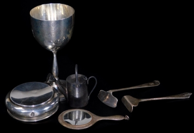 Various silver, comprising a Victorian goblet, the bell shaped bowl on a baluster stem and circular foot, London 1889, 12cm H, other silver, lid, miniature watering can, two medicine pushers, miniature hand mirror, 5½oz all in. (a quantity)