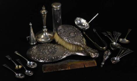 Various silver flat ware, teaspoons, preserve spoons, etc. George III and later, to include old English pattern, fiddle pattern, etc. a silver topped glass jar, part dressing table set, three piece dressing table set, a silver toddy ladle, bowl, etc., 13o