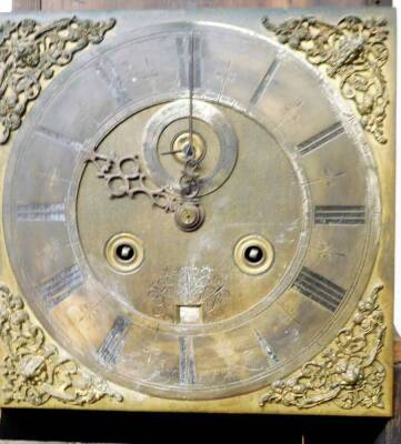 Joseph Saer, Perpoole Laine, London. A Queen Anne provincial walnut and marquetry inlaid longcase clock, with square hood, long trunk door with oval glass, heavily inlaid with birds, vases and flowers, on a similar designed base, 26cm W dial with raised - 3