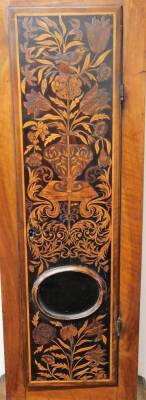 Joseph Saer, Perpoole Laine, London. A Queen Anne provincial walnut and marquetry inlaid longcase clock, with square hood, long trunk door with oval glass, heavily inlaid with birds, vases and flowers, on a similar designed base, 26cm W dial with raised - 5